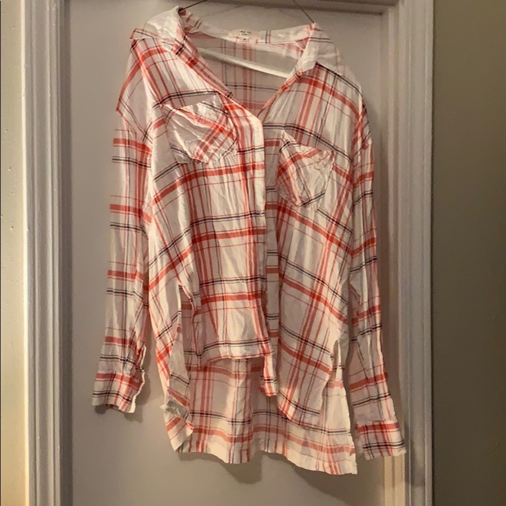 RedOrange White Plaid Button Down Long Sleeve